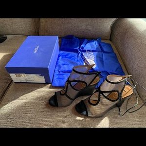 AQUAZZURA BLACK SUEDE MESH WEDGE SANDALS SIZE 38